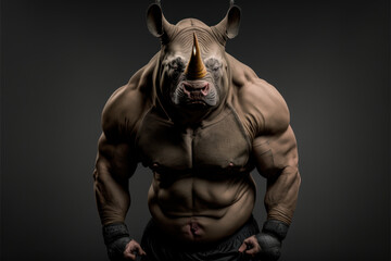 Fototapeta na wymiar Portrait of a strong male rhinoceros in a gym. Bodybuilding concept, generative ai