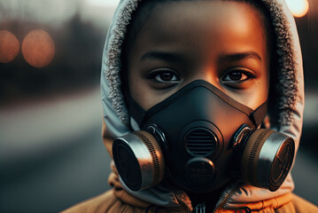 Fototapeta na wymiar Kid wearing a gas mask