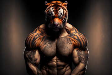 Fototapeta na wymiar Portrait of a strong male tiger in a gym. Bodybuilding concept, generative ai