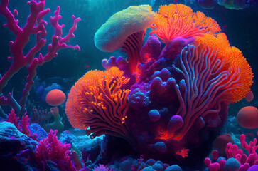 Fantasy corals, neon colors. Generative ai.