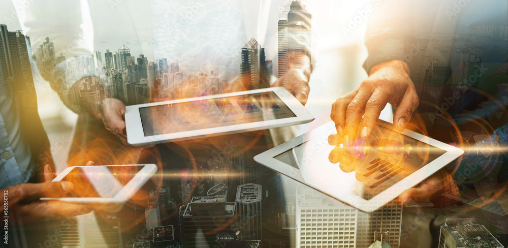 Poster Tablet, hands and overlay of business people with phone for networking, data and analysis. City double exposure, teamwork and group of workers with mobile and tech for discussing marketing strategy.