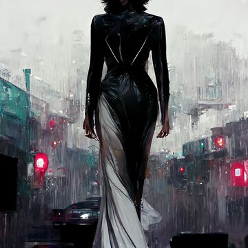 Women walking in a rain wearing a beautiful fashionable dress in a sci-fi background created with AI technology