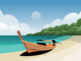 Natural scenery of boats, beaches and hills flat design vectors and illustrations