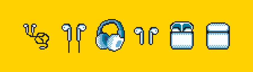 Earphones 8 bit pixel art, vector illustration.