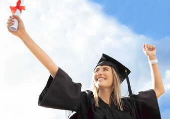 Happy graduation, diploma and woman on sky background for success, celebration and scholarship....