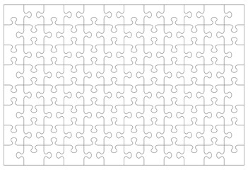 Jigsaw puzzle blank template or cutting guidelines of 96 transparent pieces and visual ratio 3:2. Classic style pieces are easy to separate (every piece is a single shape).
