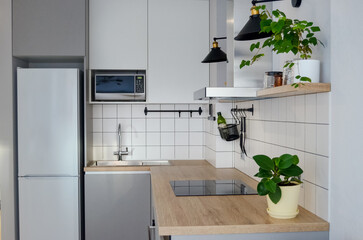 Modern stylish Scandinavian kitchen interior with kitchen accessories. Bright white and grey kitchen with household items in studio apartment
