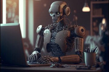 robot working on computer, android works on a laptop, technological progress, art illustration, AI	