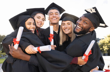 Graduation, group portrait and hug for celebration, success and education event outdoor. Diversity,...