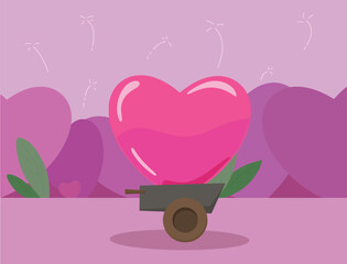 A big heart being transported on a cart. Heart background. Pink. valentines
