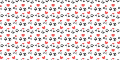 Fototapeta na wymiar Vector seamless pattern. Cat or puppy paw prints and red hearts on a white isolated background.