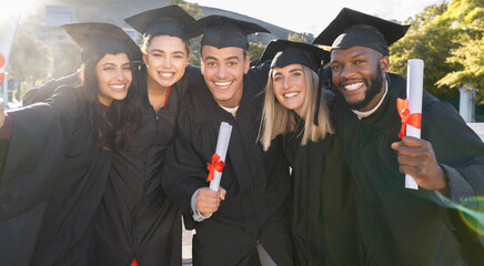 Graduation, happy group and portrait of students celebrate education success. Diversity of excited...