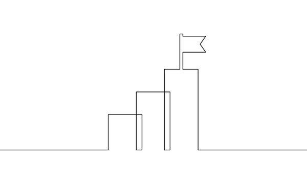 recommend clip art: Continuous line drawing of graph icon business. Arrow up with a flag. Bar chart, growth graph, object one line, single line art, vector illustration