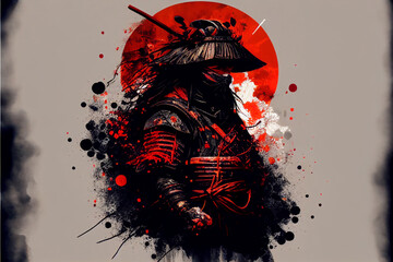 Fototapeta na wymiar japanese samurai warrior kneeling with swords..