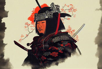 japanese samurai warrior kneeling with swords..