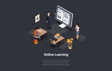 Concept Of Distance Online E-Learning. Student At Desk In Listening To Virtual Teacher. Boy Taking An Remote Course. Learning or Meeting Online With Teleconference. Isometric 3d Vector Illustration