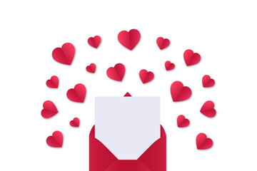 Valentine day heart and envelope transparent background. Valentine heart isolated paper cut style. Love background. 