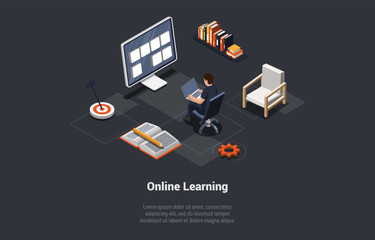 Concept Of Distance Online E-Learning. Student At Desk Has Exam Or Course At Home Or Office. Boy Has An Remote Course At Home. Learning Online In Front Of Computer. Isometric 3d Vector Illustration