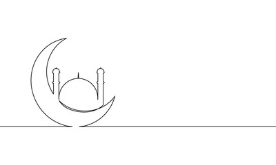 Continuous line drawing of ramadan kareem greeting card concept. Islamic decoration moon and mosque. Object one line, single line art, vector illustration
