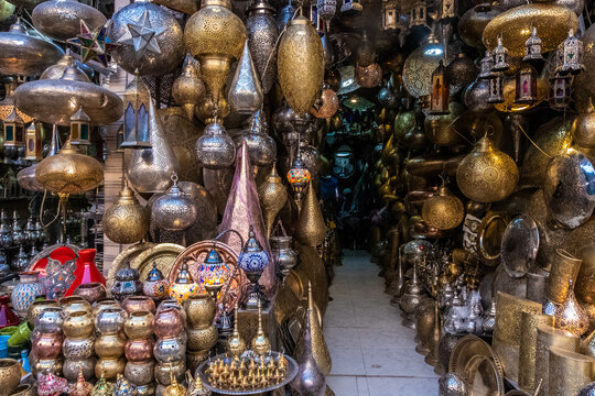 Typical market in Morocco. Perfumes, spices and local crafts.