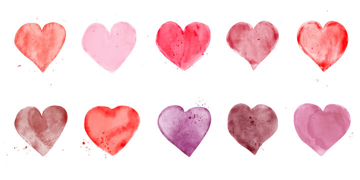 Valentines day, aquarelle illustration . Set of hand painted watercolor hearts. Isolated objects perfect for Valentine's day card or romantic post cards. with splatter