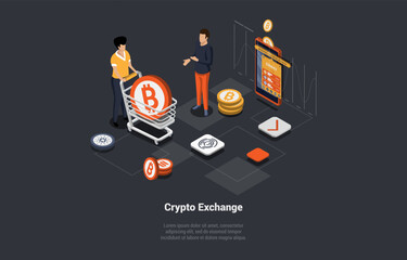 Blockchain Technology, Bitcoin, Altcoins, Trade By Cryptocurrency. Characters Buy And Sell Crypto On Stock Market Exchange Services With Mobile Application. Isometric 3d Cartoon Vector Illustration