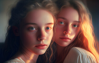 Close-up two teenage girls. homosexual relationship. LGBT concept. Generative AI.