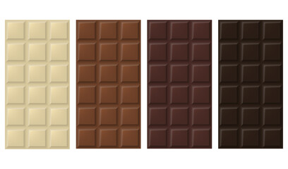 Realistik chocolate bar. Milk, dark, white chocolate bar set. Vector illustration. Eps 10.
