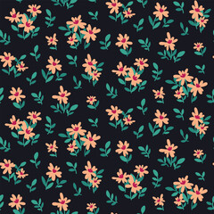 Seamless floral pattern, romantic ditsy print with small flowers, leaves. Cute botanical design with hand drawn botany: tiny flowers, foliage on a dark black background. Vector illustration.