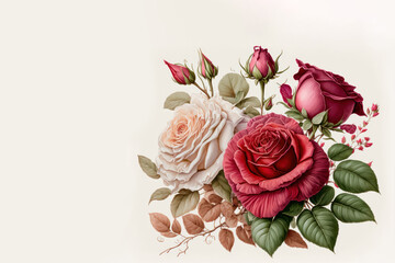 Many pink and red roses on white background. Valentine's Day love or wedding card banner backdrop. Generative ai.