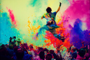 A young, optimistic happy person jumping through huge liquid paint and colors of all sorts, 