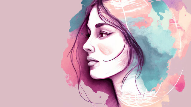 World Women day concept background with copy space. Hand drawn beautiful lady. Generative ai.