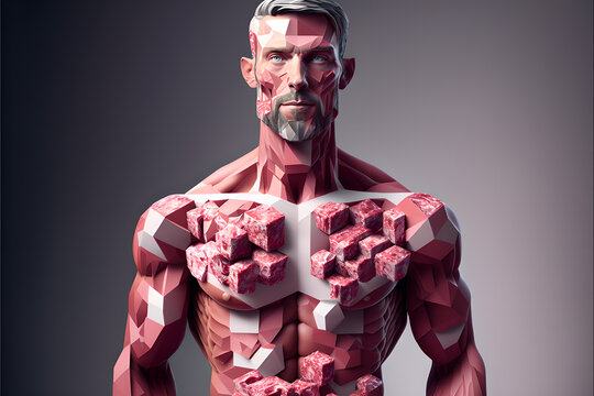 Illustration of a strong, muscly body builder man made of meat cubes, muscles exposed, diatiery illustration of health and protein