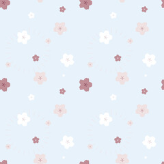 seamless cute lovely pink and white cherry blossom sakura peach plum flower repeat pattern in bright blue background. flat vector illustration design