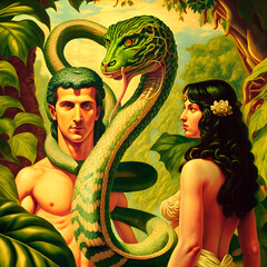 Adam, eve and the snake, illustration artistic - obrazy, fototapety, plakaty