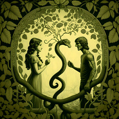 Adam, eve and the snake, illustration artistic - obrazy, fototapety, plakaty