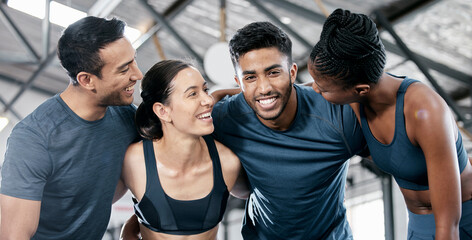 Diversity, fitness and team building for exercise, workout or training together at the indoor gym....