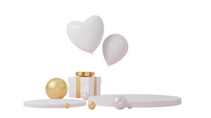 Gift box with balloon and circle podium on isolated on transparent background PNG file. 3d rendering