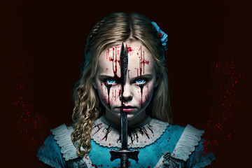 Alice in wonderland but she is murderous and crazy, lost her mind, with a knife and a machete killing other creatures in the underworld - obrazy, fototapety, plakaty
