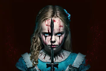 Foto op Aluminium Alice in wonderland but she is murderous and crazy, lost her mind, with a knife and a machete killing other creatures in the underworld © Guy