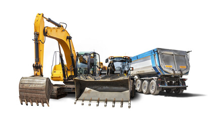 Excavator, dump truck and bulldozer loader close-up on a white isolated background.Construction...