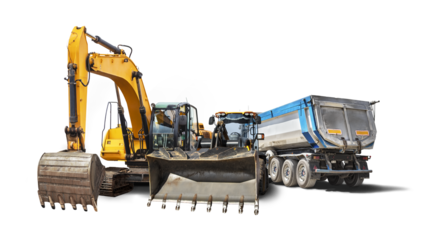 Excavator, dump truck and bulldozer loader close-up on a white isolated background.Construction equipment for earthworks. Construction equipment group. element for design.