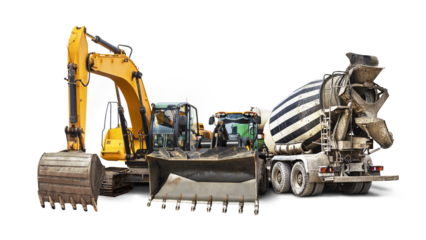 Excavator, concrete mixer truck and bulldozer loader close-up on a white isolated background.Construction equipment for earthworks. Construction equipment group. element for design.
