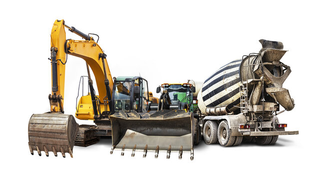 Excavator, concrete mixer truck and bulldozer loader close-up on a white isolated background.Construction equipment for earthworks. Construction equipment group. element for design.