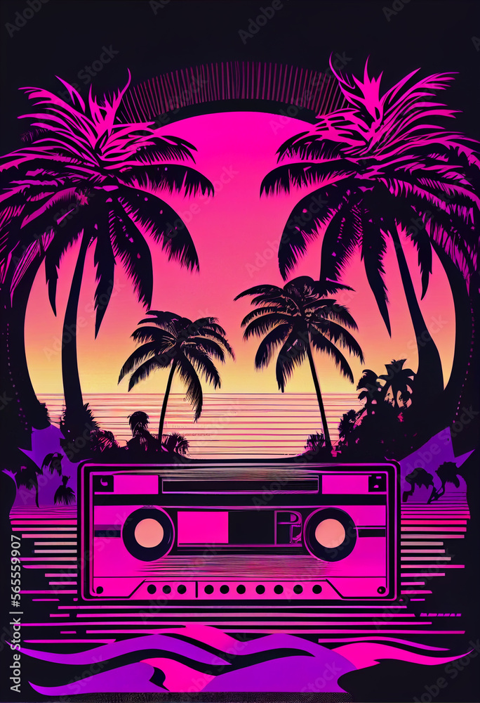 Poster beautiful audio cassette tape in neon light.minimalism retro style concept. 80s. background pattern 