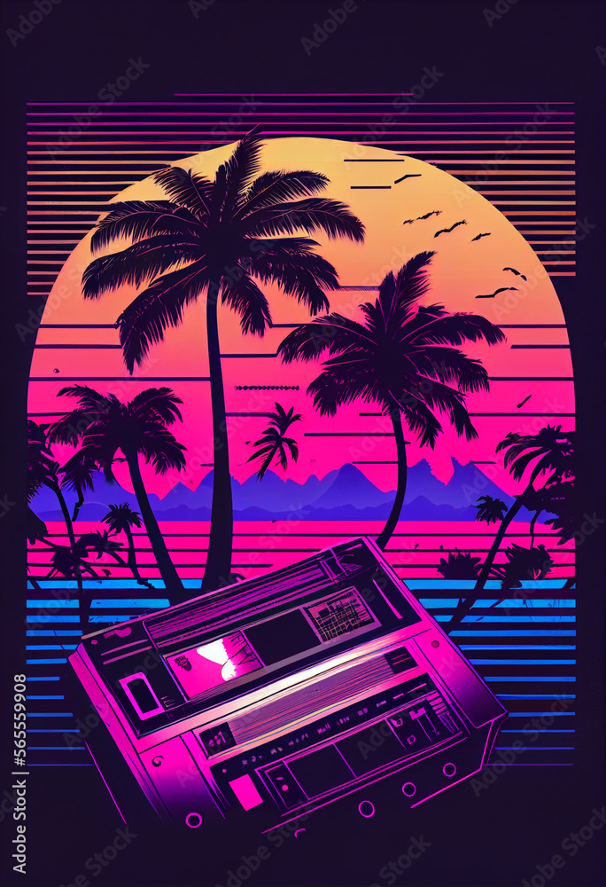Poster beautiful audio cassette tape in neon light.minimalism retro style concept. 80s. background pattern 