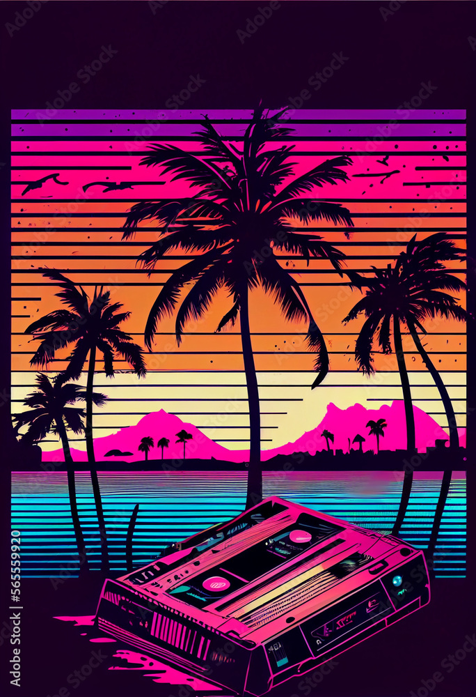 Aufkleber beautiful audio cassette tape in neon light.minimalism retro style concept. 80s. background pattern 