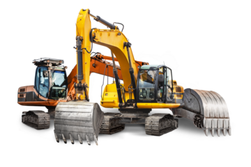 Two powerful crawler excavators isolated on white background. Powerful excavator with an extended bucket close-up. Construction equipment for earthworks. element for design.