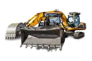 Excavator and bulldozer loader close-up on a white isolated background.Construction equipment for earthworks. element for design.