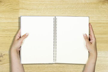 Woman's hands holding spiral notepad as mockup for your design